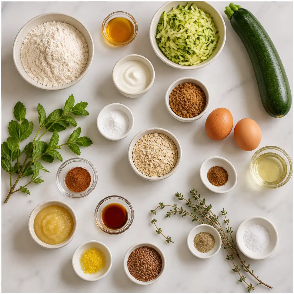 Flat-lay of zucchini, whole wheat flour, eggs, oats, and baking ingredients