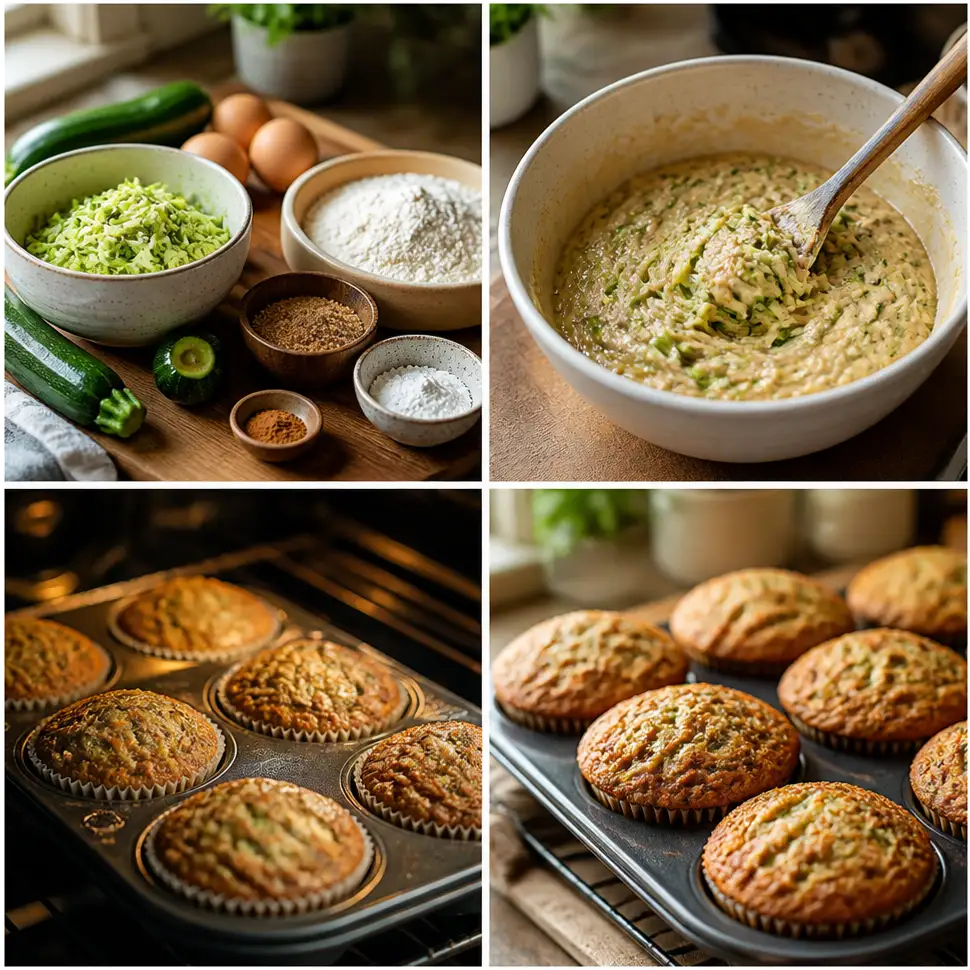 Hands folding grated zucchini into muffin batter in a mixing bowl