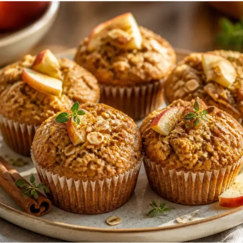 healthy apple cinnamon muffins arranged on a plate, golden tops and visible apple pieces