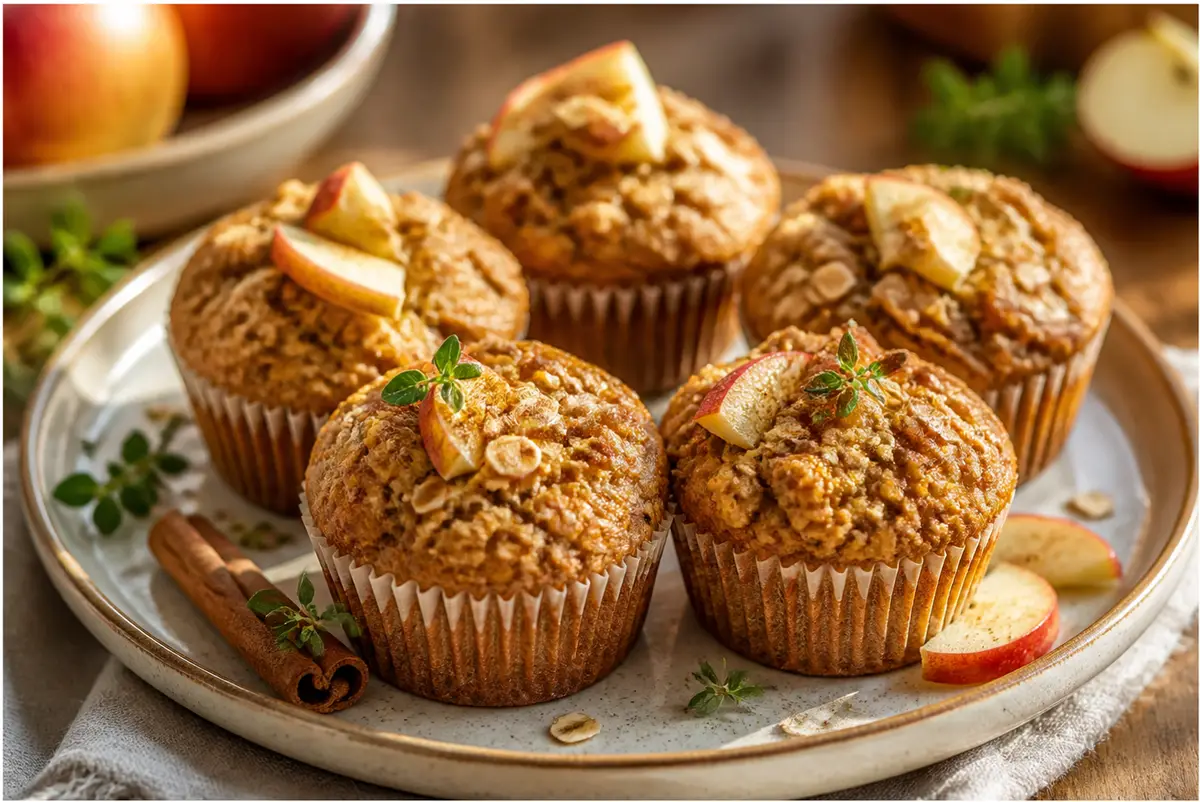 healthy apple cinnamon muffins arranged on a plate, golden tops and visible apple pieces