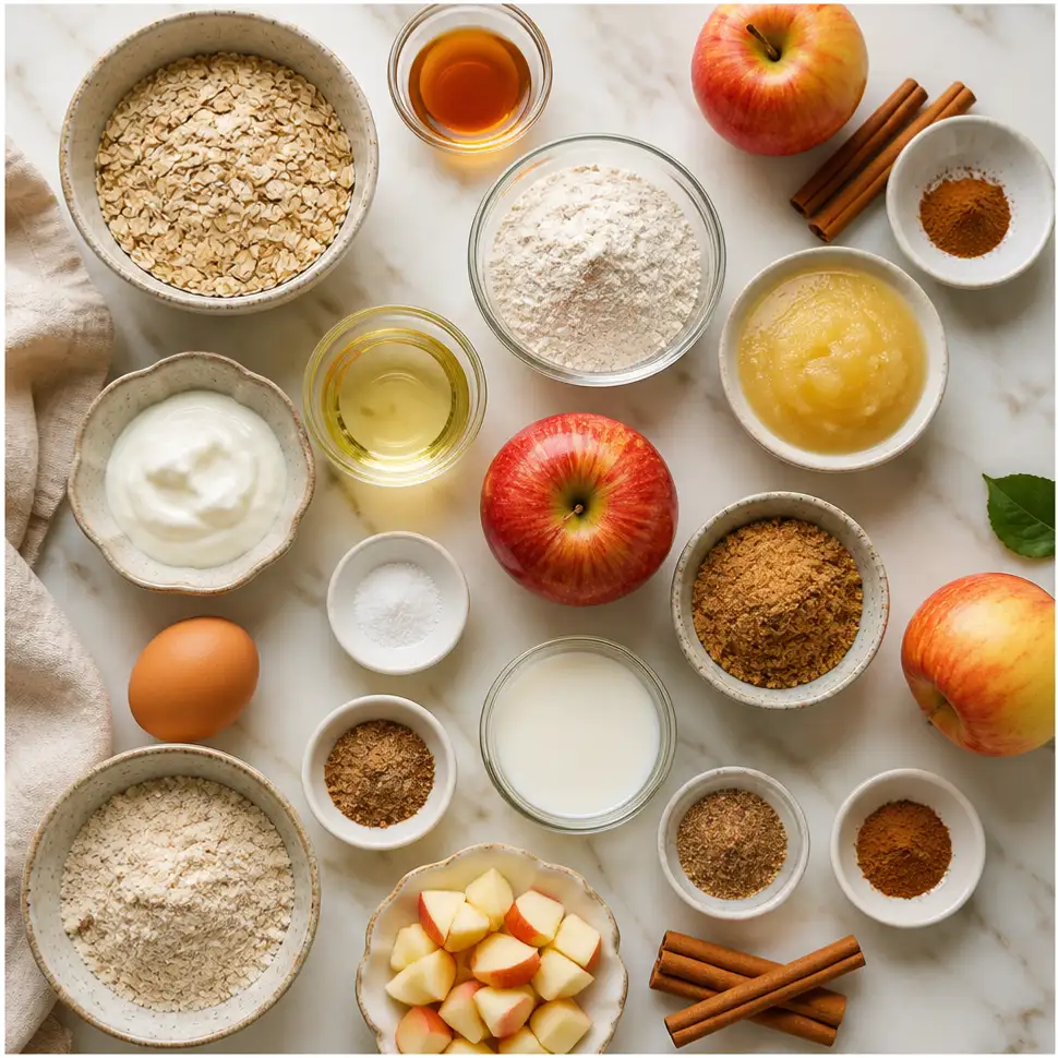 Flat-lay of apples, cinnamon, flour, oats, eggs, and wholesome muffin ingredients