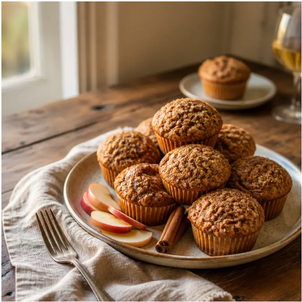 Close-up of a healthy apple cinnamon muffin being served on a ceramic plate