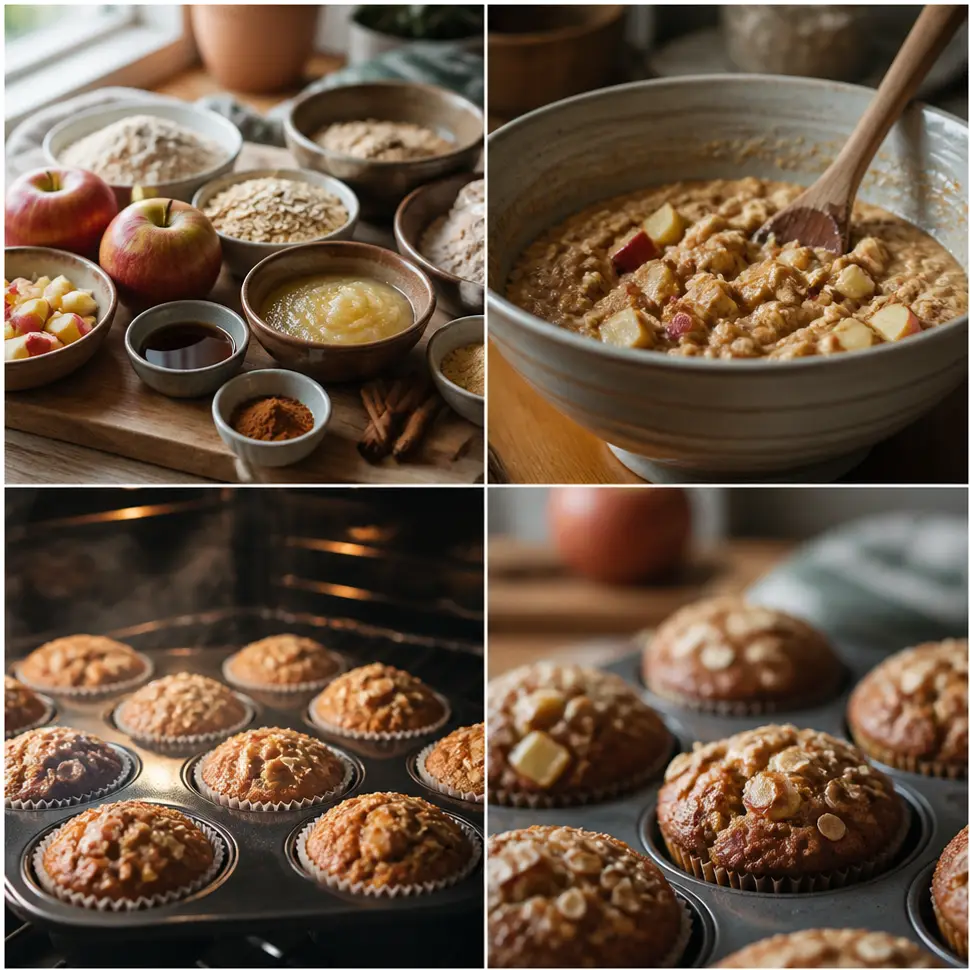 Hands folding diced apples into cinnamon muffin batter in a mixing bowl